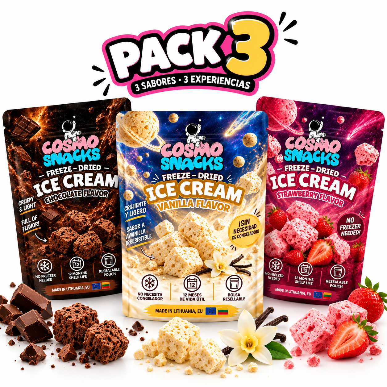 Pack 3 Cosmo Snacks Freeze-Dried Ice Cream – Chocolate, Vainilla y Fresa